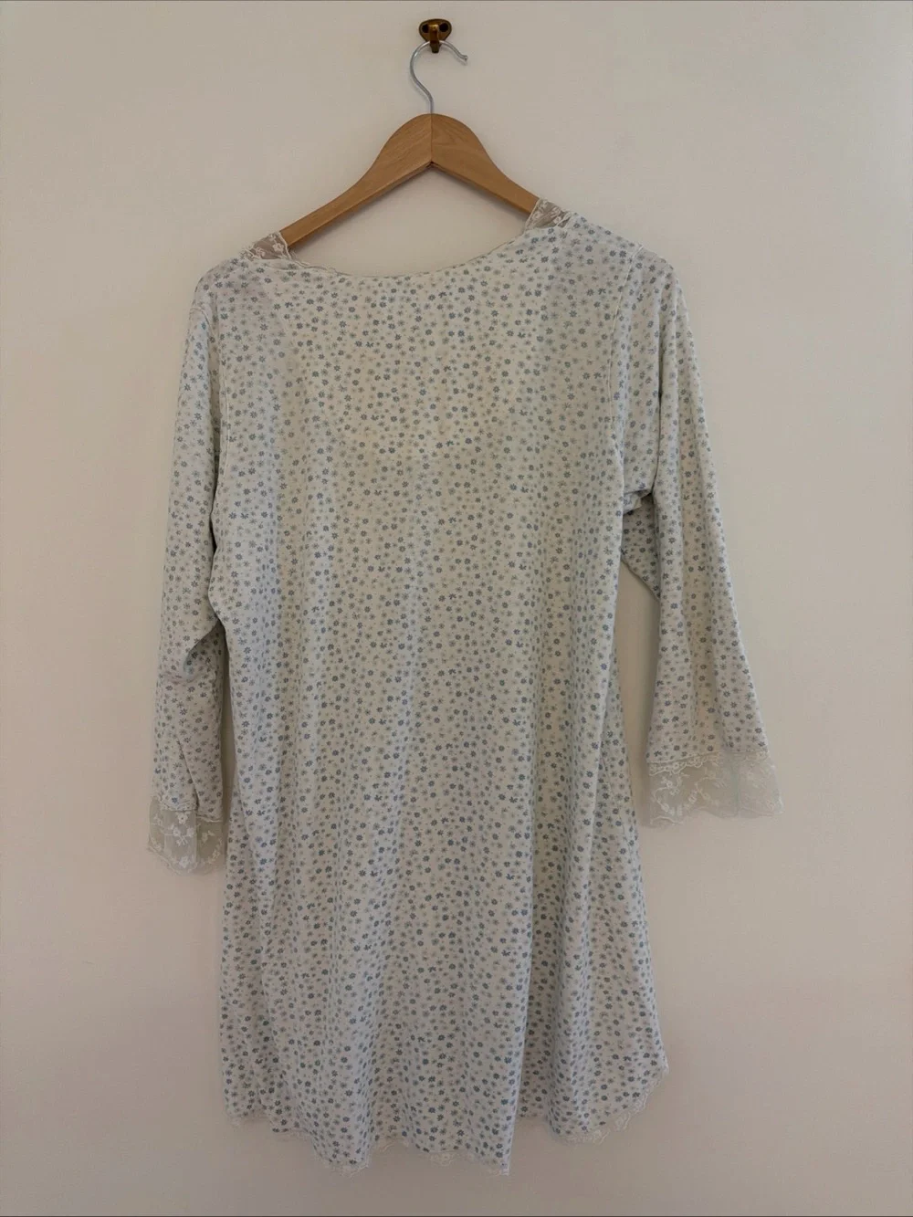 Eileen West Long Sleeve Lace Trimmed Cotton Short Nightgown Blue Floral Print
